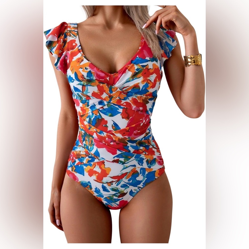 B2prity Floral Ruffle One-Piece Swimsuit XL NWT Tummy Control